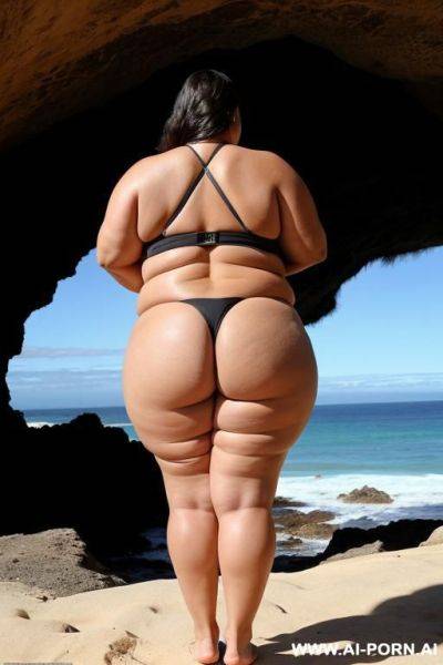 A huge fat woman, she can hardly walk she is so fat, huge obese body, she is wearing a huge black bikini, she is standing by a cave by the ocean, back view, view from behind her - ai-porn.ai on pornsimulated.com