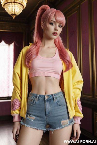 Has pink eyes and a dyed pink hair that she ties back with ribbon into a high ponytail with blunt bangs and two strands that frame her face. she wears an open yellow varsity jacket, crop top, denim shorts, sneakers. - ai-porn.ai on pornsimulated.com