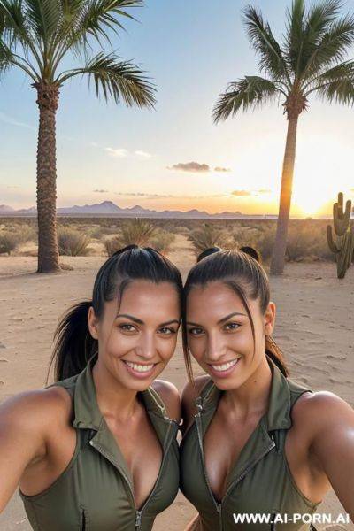 (desert sanctuary, palm trees, water); twins, olive skin, enjoying the sun, military jumpsuit zipped open, large cleavage - ai-porn.ai on pornsimulated.com