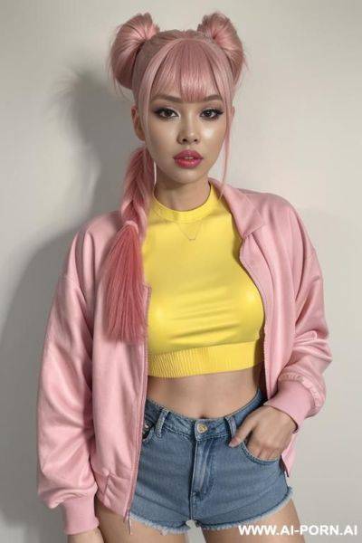 1, soft facial features, dyed pink hair that she ties back with ribbon into a high ponytail with blunt bangs and two strands that frame her face. she wears an open yellow varsity jacket, crop top, denim shorts, sneakers, yellow nail polish. - ai-porn.ai - Poland on pornsimulated.com