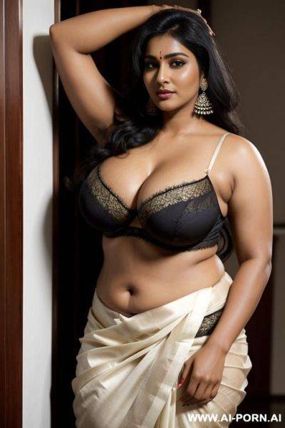 Indian woman, very dark skin, long black hair, massive breasts, (((very thick arms))), extremely thick upper_arms, massive boobs, hairy pussy, black armpit hair, wearing white lingerie - ai-porn.ai - India on pornsimulated.com