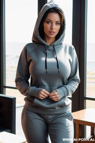 Big breasts, firm ass, tanlines, wearing tight sweatpants and hoodie, no panties or bra, masturbating - ai-porn.ai on pornsimulated.com