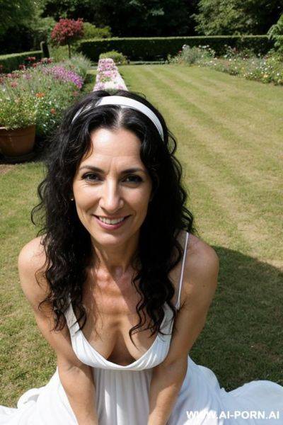 Beautiful fifty years old yoga teacher, hairband, orgy, fucking, extremely hairy pussy, very long curly black hair, flower garden, group orgy, fucking, big nose, seductive, sexy pose, white cotton long dress, - ai-porn.ai on pornsimulated.com