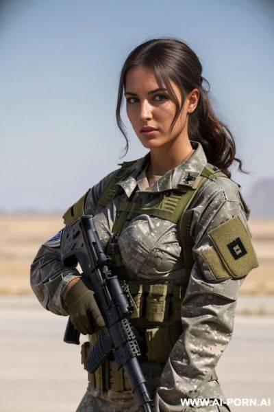 Skin: olive tanned (place: military base in desert), (sexy), dark curls, wearing bandolier, grenades, explosives - ai-porn.ai on pornsimulated.com