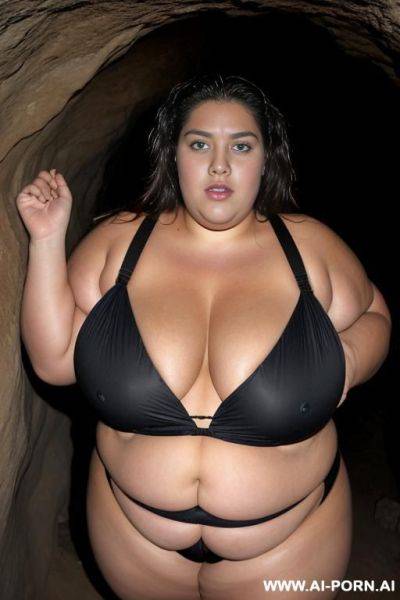 A huge fat woman, she can hardly walk she is so fat, huge obese body, she is wearing a huge black bikini, she is inside a very dark cave, a man is tearing her top off, her big tits are out - ai-porn.ai on pornsimulated.com