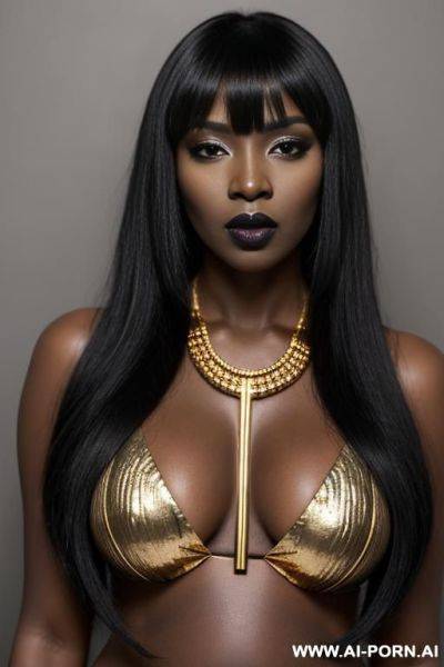 Pregnant black lipstick, black skin masculine woman, masculine woman, mature, heavy eye make up, long black hair, gold key necklace - ai-porn.ai on pornsimulated.com