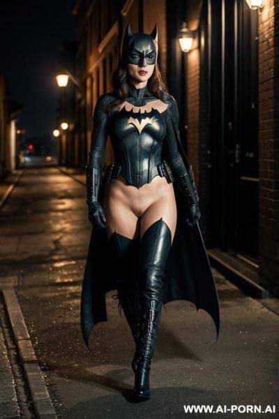 Batwoman, totally naked, boots, backstreet, seductive, full shot, night, front - ai-porn.ai on pornsimulated.com