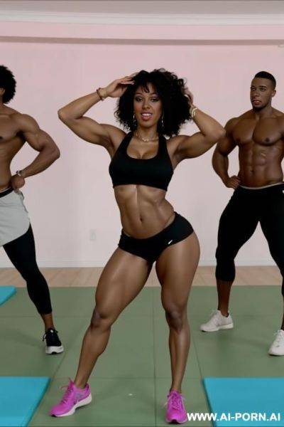 Black african woman, athletic body, breasts, firm ass, black curly hair, naked, zumba instructor, performs a choreography with a group of muscular men with their dicks in sight - ai-porn.ai on pornsimulated.com