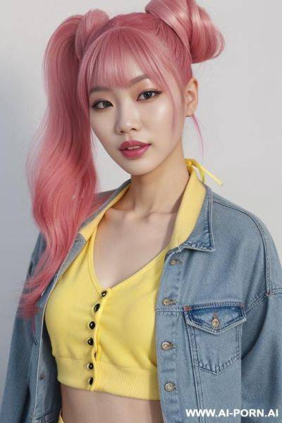 1, soft facial features, skin, dyed pink hair that she ties back with ribbon into a high ponytail with blunt bangs and two strands that frame her face. she wears an open yellow varsity - ai-porn.ai - Poland on pornsimulated.com