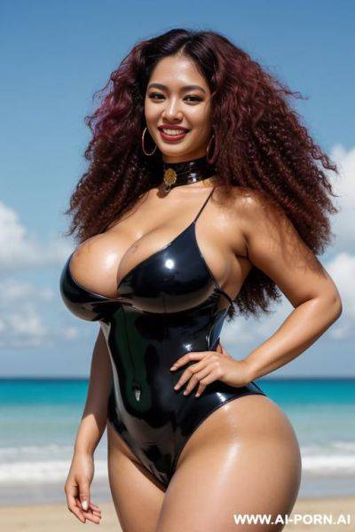 Light skin, very light brown afro, round face, seductive smile, chubby, large breasts with dark nipples, huge thick round ass, very oily , choker, inside - ai-porn.ai on pornsimulated.com