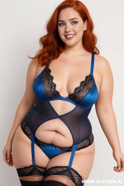 Full body photo studio shot, about a fat bbw curvy woman with some love handless and big tummy, with s on the body, wearing a sexy and hot blue lace stocking lingeries. - ai-porn.ai on pornsimulated.com