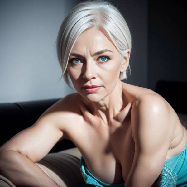 ,woman,aging,(RAW photo, best quality, masterpiece:1.1), (realistic, photo-realistic:1.2), ultra-detailed, ultra high res, physically-based rendering,short hair,white hair,hair behind ear,blue eyes,beautiful,happy,normal - pornmake.ai on pornsimulated.com