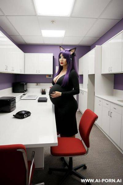 A woman with long purple hair that is styled in the form of cat ears on top of her head. she has expressive black eyes with long eyelashes and a mole under her right eye. she wears triangle earrings with red stones. pregnant - ai-porn.ai on pornsimulated.com