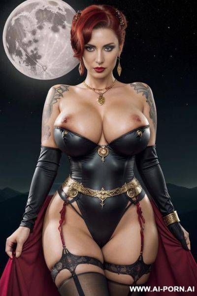 Goddess of universe, firey wings, (((show curvy boobs, pussy))), red hair, strapless red dress, ruby earrings, ruby necklace, (((gold shoulder armor))), gold bracelets, space temple - ai-porn.ai on pornsimulated.com