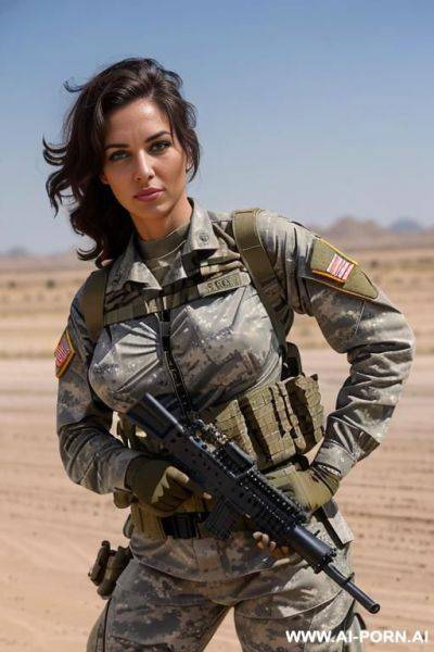 Skin: olive tanned (place: military base in desert), (sexy), dark curls, wearing bandolier - ai-porn.ai on pornsimulated.com