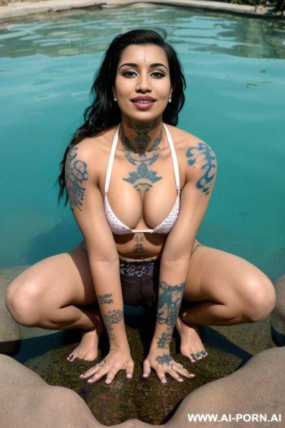 Twins, twin 1: (olive skin, skimpy white wet transparant sports bra);, (twin 2:"skimpy black sports bra, outline nipples visible); both wet in water; (desert sanctuary, palm trees), camel toe, large cleavage, standing in water - ai-porn.ai on pornsimulated.com