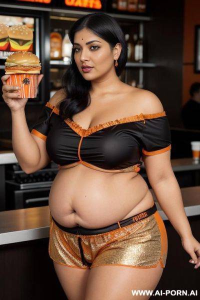 Standing gy style, bbw, very large belly, stuffed, eating, food, bloated, messy, too tight, muffin top, love handles - ai-porn.ai on pornsimulated.com