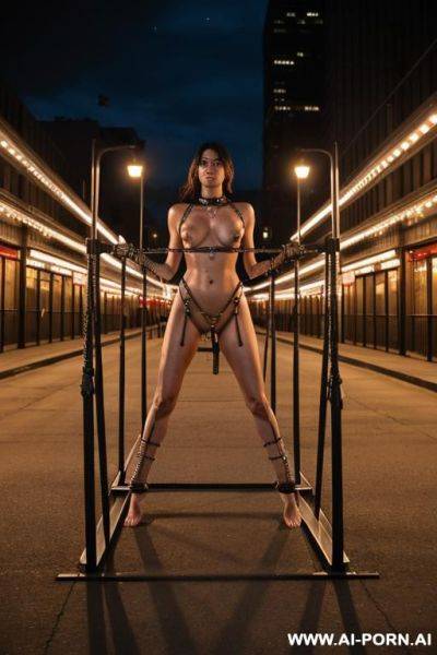 Totally naked, barefoot, pussy, bondage, tied, metal restraints, chains, bars, fetters, metal collar, stand, spread wide, night, city plaza - ai-porn.ai on pornsimulated.com