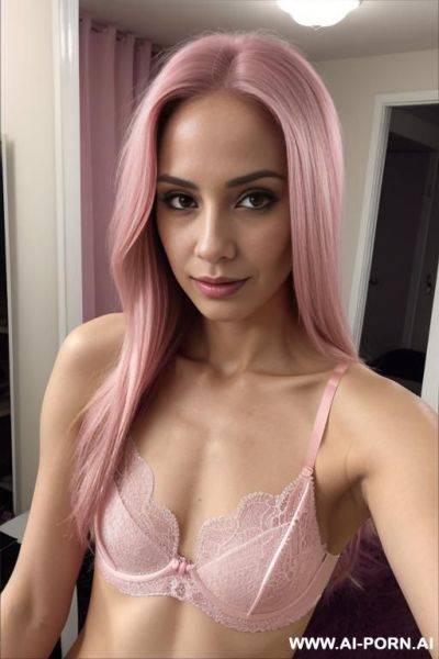 Slim woman long hair lace thong pink bra pink selfie photo in the mirror - ai-porn.ai on pornsimulated.com