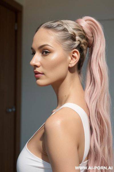 Woman of medium h with long wavy light blue hair, with two locks hanging down, one on either side of her head. hair pulled back into a ponytail, and brown eyes. pooping on the face of - ai-porn.ai on pornsimulated.com