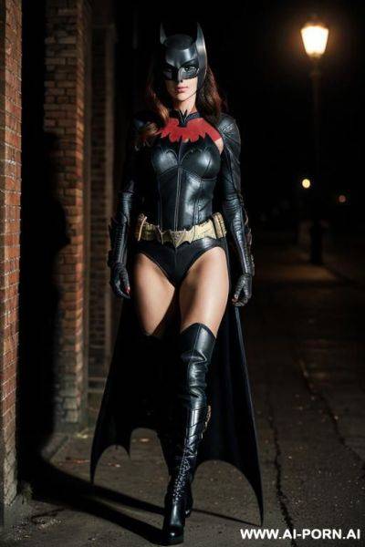 Batwoman, totally naked, boots, backstreet, seductive, full shot, night, front - ai-porn.ai on pornsimulated.com