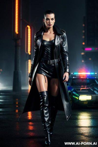 Female bladerunner detective ((shredded physique)) in a rainy city, large stone buildings in background, neon lights ((wearing a long leather duster coat)) - ai-porn.ai on pornsimulated.com