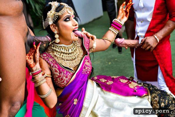 The standing beautiful indian bride in public takes a huge black dick in the mouth and giving blowjob to the man get covered by cum all over his bridal dress and other people cheer the bride realistic photo and real human - spicy.porn - India on pornsimulated.com