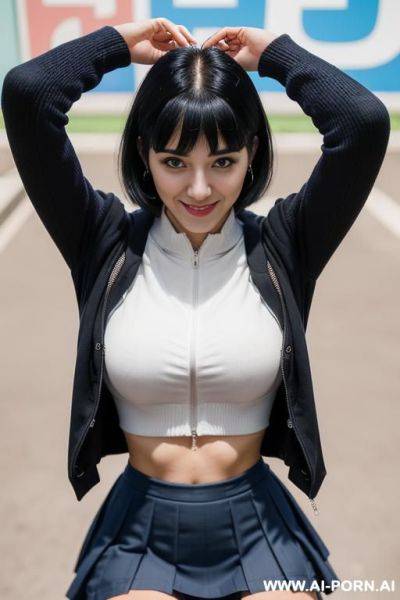 Teen, blue eyes, realistic tongue sticking out, black hair with bangs, big tits, missionary, nude, realistic - ai-porn.ai on pornsimulated.com