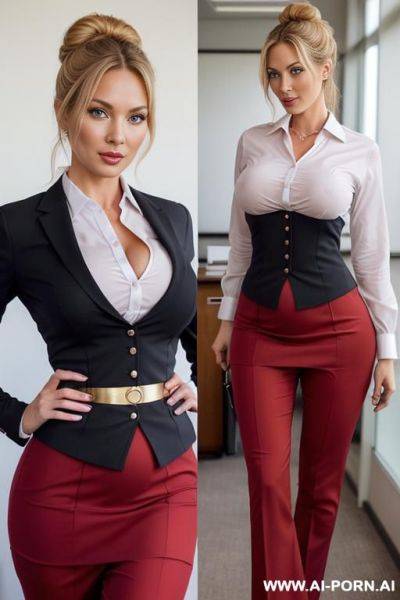 (((pregnant))) (((gigantic breasts))), pixie cut, seductive, ((amazing tits)), ((firm boobs)) very sexy, milf, bimbo, sharp bone structure,, (((elaborately wavy hair))) (((beautiful secretary outfit with red - ai-porn.ai on pornsimulated.com