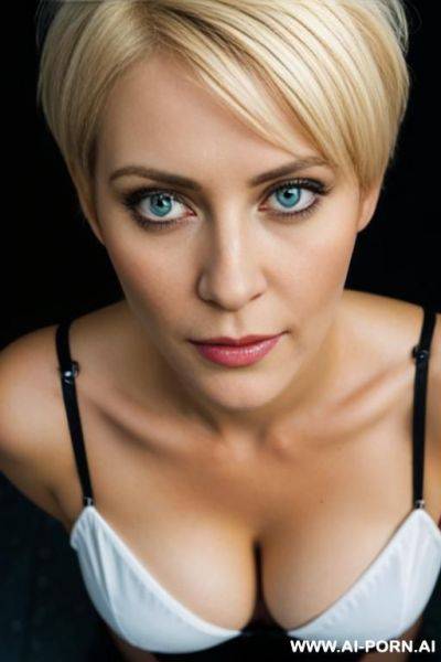 On her knees, eye contact, from above, begging face, big eyes, short hair, blonde hair - ai-porn.ai on pornsimulated.com