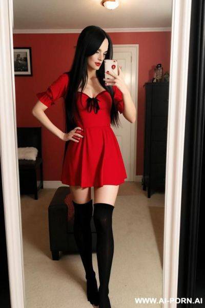 Woman long hair red dress knee high socks black selfie photo in the mirror - ai-porn.ai on pornsimulated.com