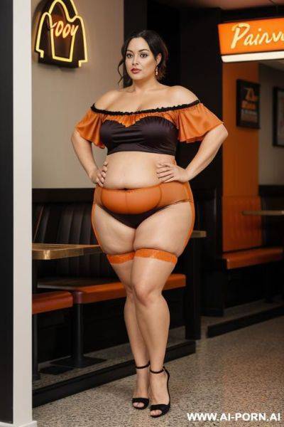 Standing gy style, bbw, very large belly, stuffed, eating, food, bloated, messy, too tight, muffin top, love handles - ai-porn.ai on pornsimulated.com