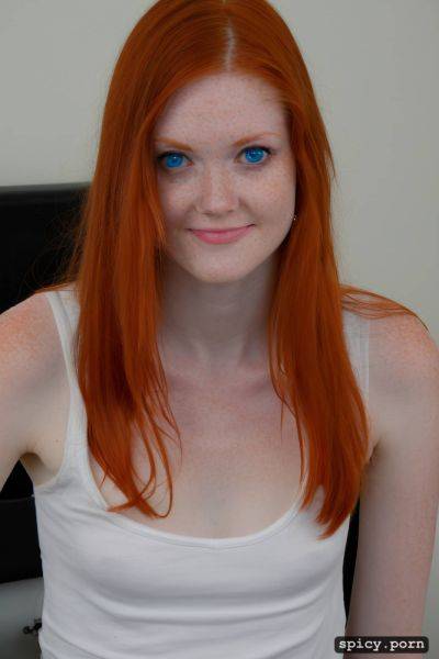 White tank top, flat chest, blue eyes, 18 yo, redhead, white - spicy.porn on pornsimulated.com