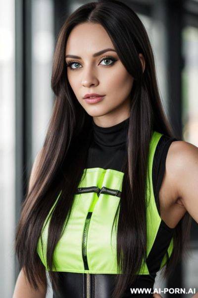 Woman, long hair, lines on her eyes, black jeans, reflective vest green - ai-porn.ai on pornsimulated.com