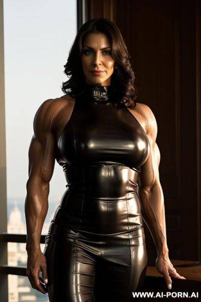 Big strong milf body building lady in leather, evening light, posh setting - ai-porn.ai on pornsimulated.com