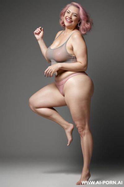 Old looking woman, bbw, natural saggy boobs, long gray hair, see-thru crop top, short shorts, no bra or underwear - ai-porn.ai on pornsimulated.com