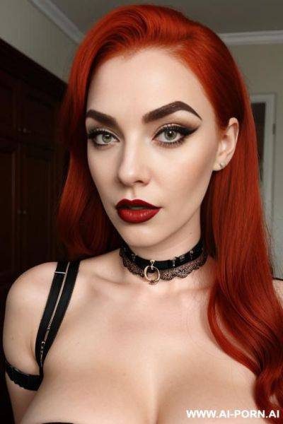 Redhead, pubic hair, tall, stockings, thick eyebrows, lip ring, choker - ai-porn.ai on pornsimulated.com