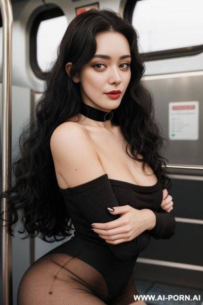 Woman woman, long black hair, naked but knee high socks, choker, hands tied, kneeling, semen on face, out of breath, public train, ahegao - ai-porn.ai on pornsimulated.com