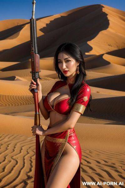 Beautiful uighur woman shows off her breasts and beautiful erect nipples in the middle of the desert.red uighur costume, holding​ weapon, sexy​ pose, random​ - ai-porn.ai on pornsimulated.com