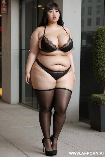 Two super obese asians with big tits in closely beautifull dresses look seductive to viewer with leggins perfect in high heels - ai-porn.ai on pornsimulated.com