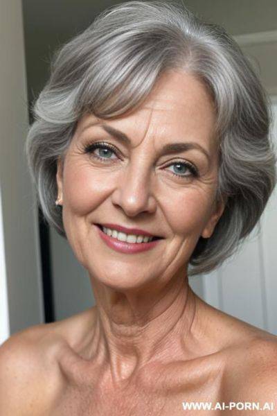 Face of a 5-year-old grandmother, short gray hair, big green eyes, smiling, age marks clearly visible, large white penis close to her face - ai-porn.ai on pornsimulated.com