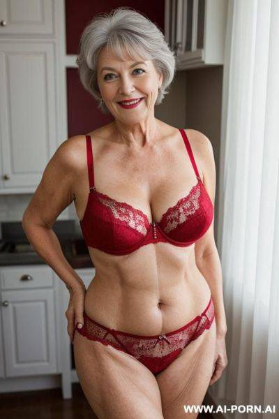 Full body, standing, 5 year old grandmother, short gray hair, big green eyes, smiling, clearly visible age marks, wearing lace panties and red bra - ai-porn.ai on pornsimulated.com