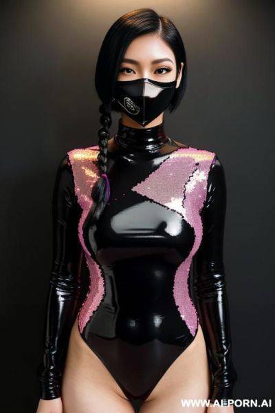 Black and neon pink, latex longsleeve part sequin leotard, facemask, full body view - ai-porn.ai on pornsimulated.com