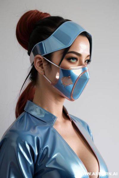 Powder blue and rosegold, latex shinobi outfit, facemask - ai-porn.ai on pornsimulated.com