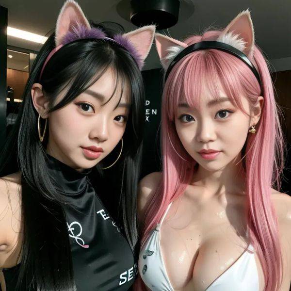 ,(2women:2),twenties,(RAW photo, best quality, masterpiece:1.1), (realistic, photo-realistic:1.2), ultra-detailed, ultra high res, physically-based rendering,long hair,messy hair,pink hair,bangs,black - pornmake.ai on pornsimulated.com