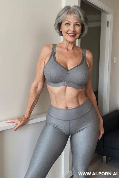 Full body, standing, 5-year-old grandmother, short gray hair, big green eyes, smiling, age marks clearly visible, wearing gray leggings and bra - ai-porn.ai on pornsimulated.com