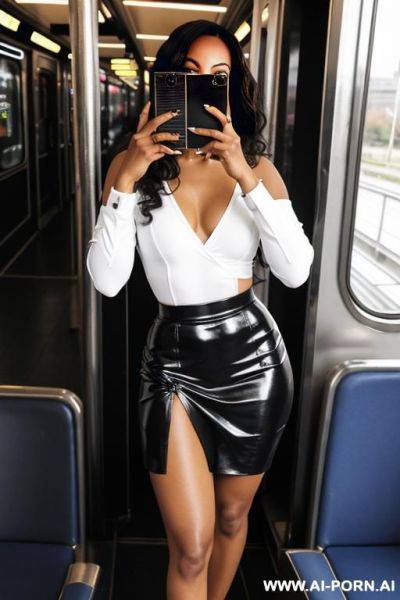 Black african woman, athletic body, natural breasts, firm ass, black curly hair, in a swingers club, dressed in a black skirt, a black bodysuit with transparencies, hold-ups, high heels. - ai-porn.ai on pornsimulated.com