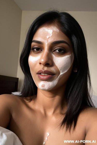 Indian woman, 4, naked in bed, cum facial, cum covered face - ai-porn.ai - India on pornsimulated.com