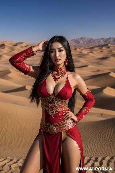 Beautiful uighur woman shows off her breasts and beautiful erect nipples in the middle of the desert.red uighur costume, holding​ blade​, sexy​ pose, random, wearing​ amulets, show​ boobs​ - ai-porn.ai on pornsimulated.com