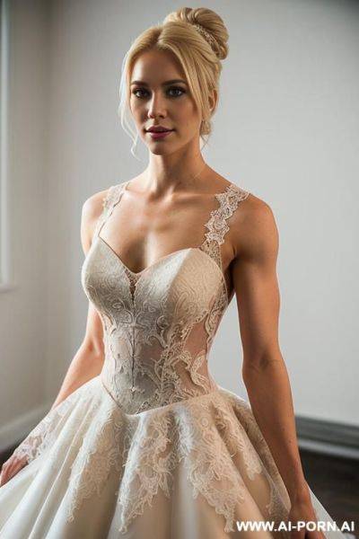 Bride ((fit physique)) wearing a beautiful lace wedding dress ((muscles visible under dress)) ((male pov, women only visible from naval up)) - ai-porn.ai on pornsimulated.com